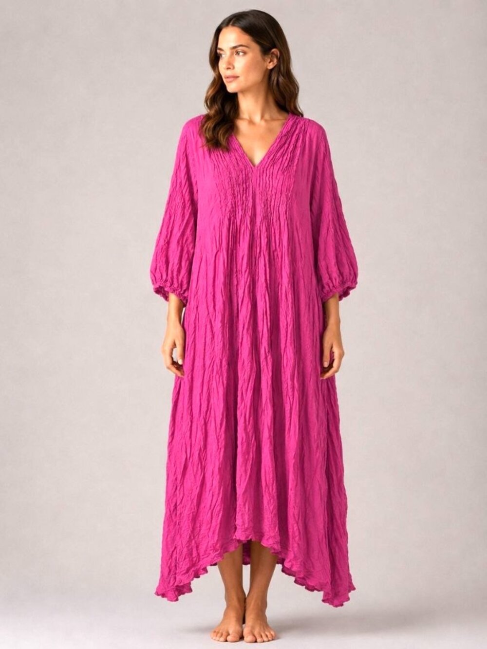 NEW Hot Pink Cotton Boho Maxi Dress Oversized Relaxed Fit with Pockets Thailand